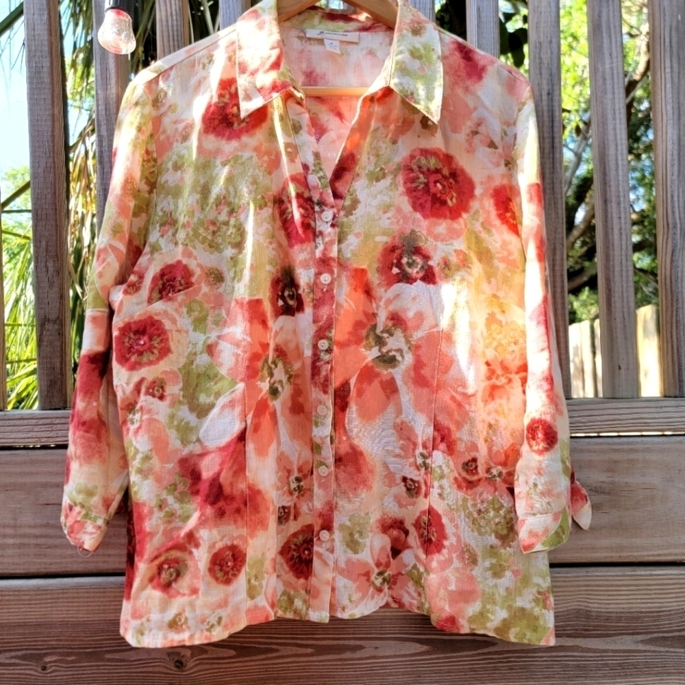 JM Collection 100% Linen Floral Button Down Blouse Woman's 16 Red/Green/Pink